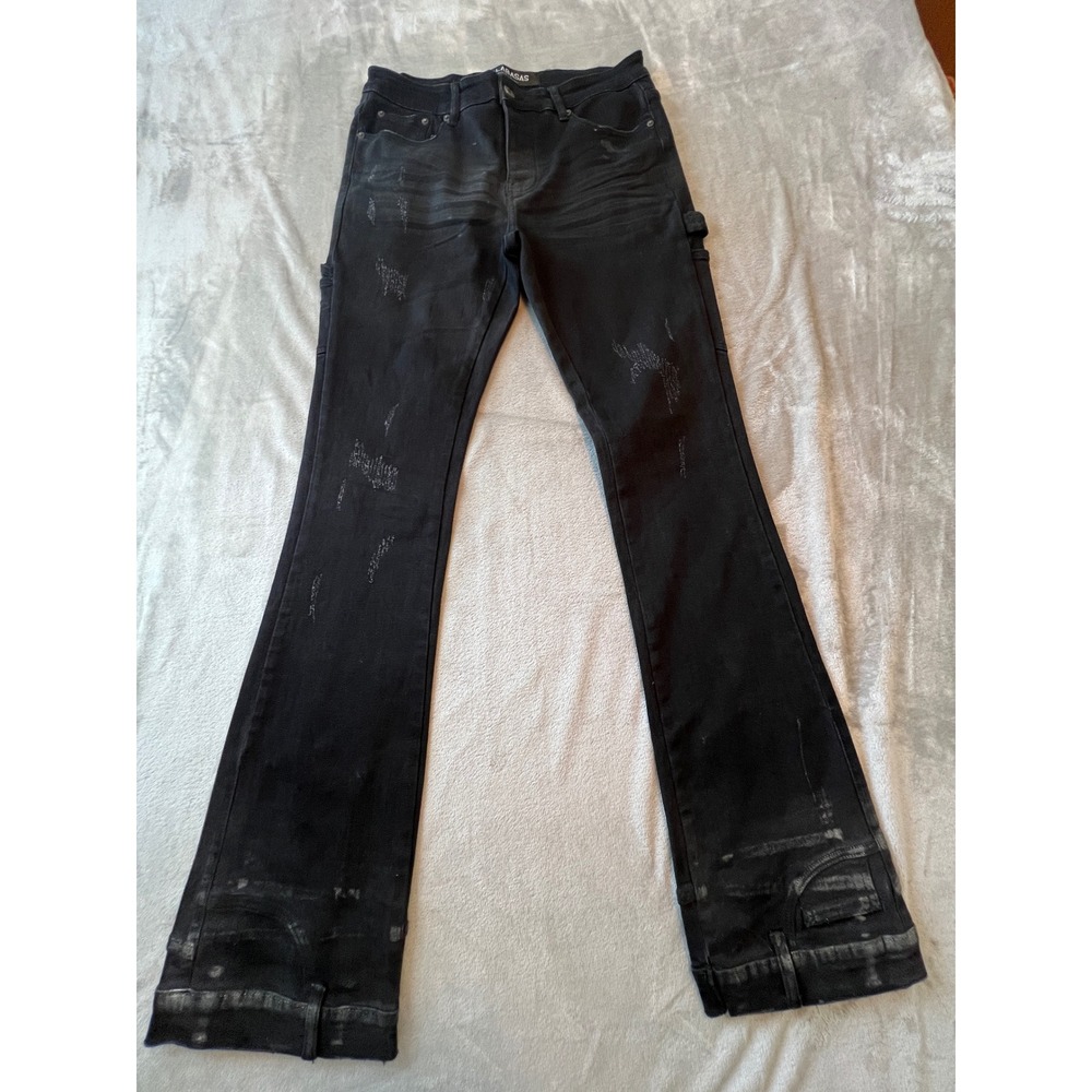 Valabasas Flare Jeans Mens 34 Black Distressed Waxed Stacked Denim